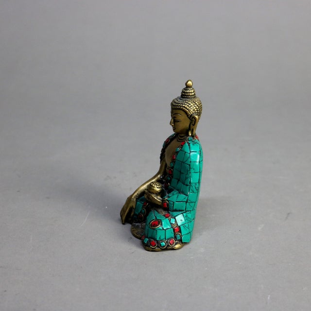 Figurative Tibetan Polychromed Bronze Buddhist Deity Statue with Mosaic Pattern, Early 20th Century For Sale - Image 3 of 7