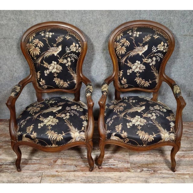 Napoleon III Mahogany Armchairs with Silk-Like Upholstery For Sale - Image 4 of 8