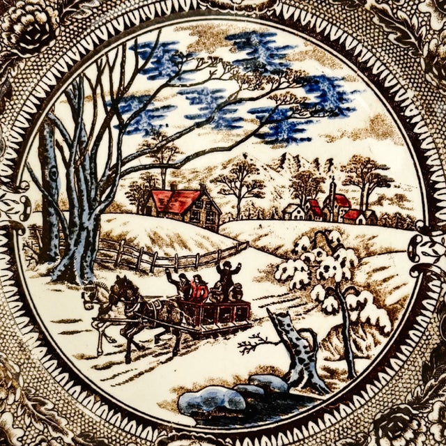 Farmhouse Vintage Chase Import Currier & Ives Style Winter Sleigh Ride Ironstone Dinner Plates - Set of 8 For Sale - Image 3 of 7