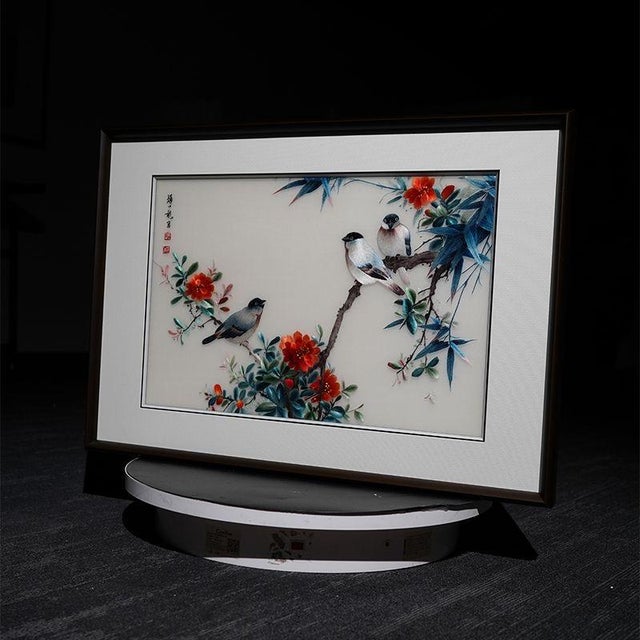Forest Green Handcrafted Suzhou Embroidery Flower & Bird Wall Art – Double-Sided Silk Su Xiu Decorative Panel For Sale - Image 8 of 10