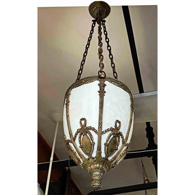 Antique Pendant Light With Opalescent Shade For Sale - Image 4 of 4