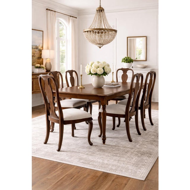 Wood Set of Six Queen Anne Style Dining Chairs in Old Chapel Satin Walnut With Designer Ivory Linen Upholstery For Sale - Image 7 of 9