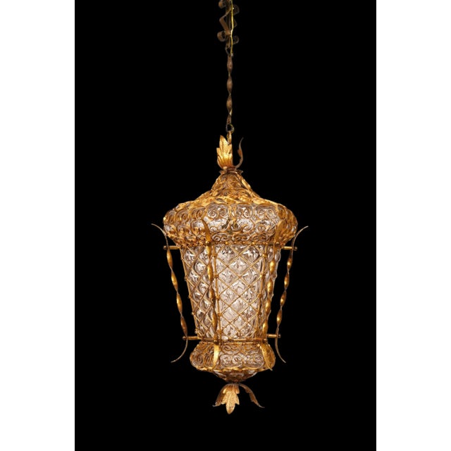 Mid-Century Venetian Mouth-Blown Glass Lantern in Gold Painted Metal Frame, 1940s For Sale - Image 12 of 18