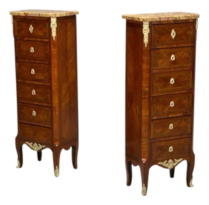 1910s Pair of Louis XV Style, Tulipwood, Marquetry, Marble, Lingerie Chests, France