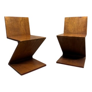 Vintage Zig-Zag Chairs in Veneered Wood by Gerrit Thomas Rietveld, 1970s, Set of 2 For Sale