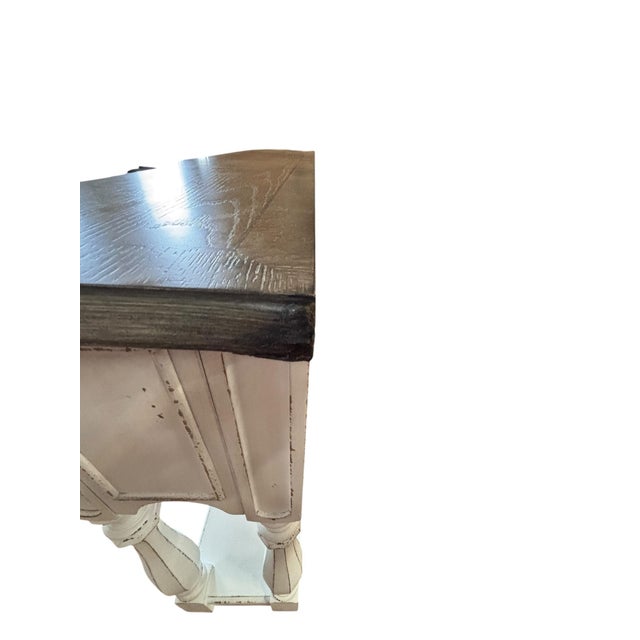 French Country Distressed White Console Table With Dark Wood Top For Sale In Greensboro - Image 6 of 7