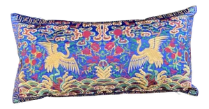 Hollywood Regency Royal Blue & Gold Asian Silk Crane Chinoiserie Boudoir Pillow
