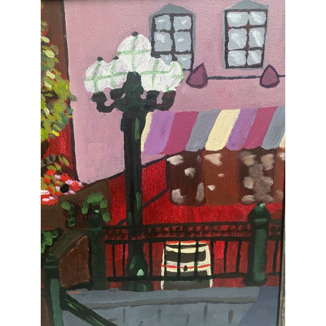 Wonderful, colorful painting in a beautiful mid century style grey wood and linen frame that. The piece is signed Sally.