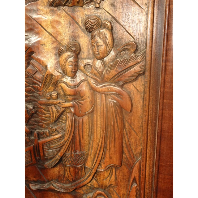 Brown Vintage Oriental Asian Brown Hand Carved Wood Four Panel Screen ~ Room Divider For Sale - Image 8 of 17