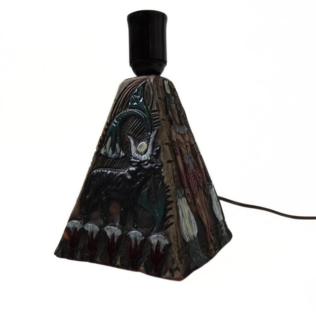 Brown Vintage Handmade Triangular Table Lamp with Egyptian Motiv from Tilgmans, Sweden For Sale - Image 8 of 8
