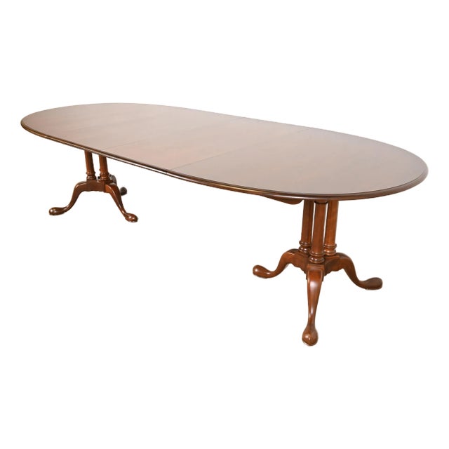 Baker Furniture Georgian Cherry Wood Double Pedestal Extension Dining Table, Newly Refinished For Sale