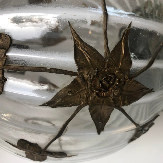 Brass Mid 20th Century Hollywood Regency Round Opaque and Clear Swag Lamp Brass Flowers For Sale - Image 8 of 13