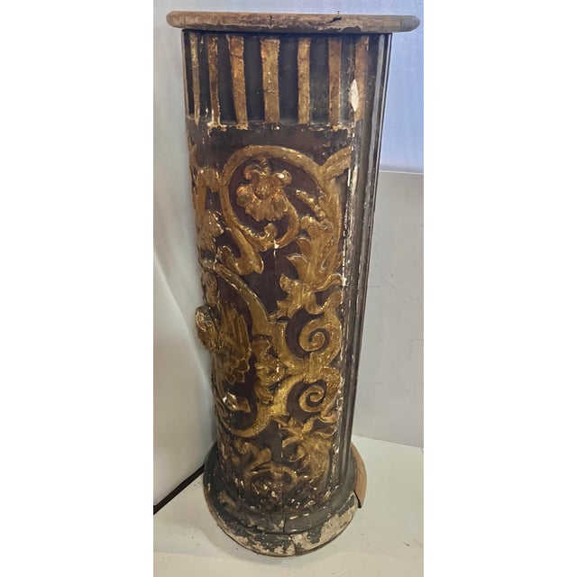 1840 Antique Ornate French Wooden Pedestal Column With Gold Highlights For Sale - Image 4 of 12