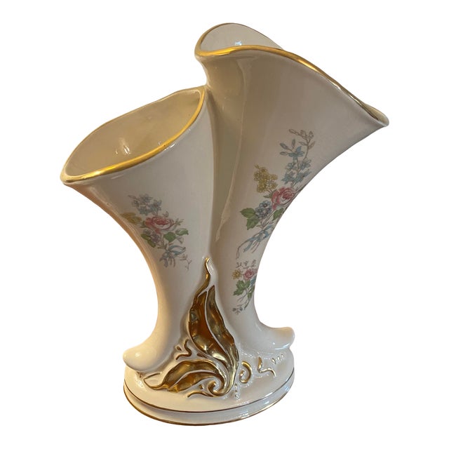Vintage Double Cornucopia China Vase in Floral, Ivory & Gold For Sale