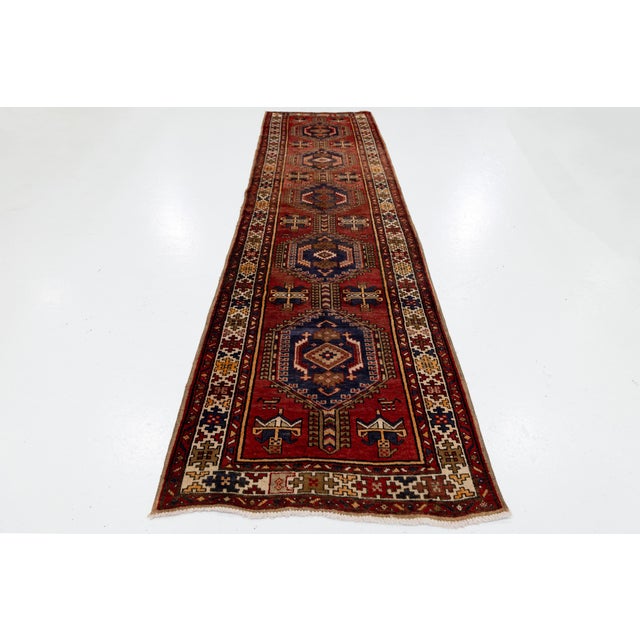 Turkish Mid-Century Vintage Turkish Anatolian Hand-Knotted Wool Runner Rug in Terracotta & Indigo For Sale - Image 3 of 9