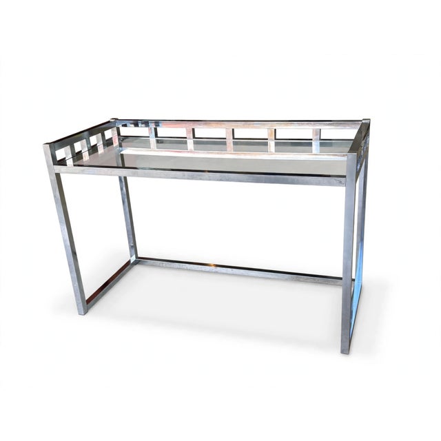 Mid-Century Modern 1970s Willy Rizzo–Style Chrome & Glass Writing Desk | Geometric Hollywood Regency Console Table For Sale - Image 3 of 13