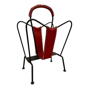 Vintage Jacques Adnet Red Stitched Leather Magazine Stand