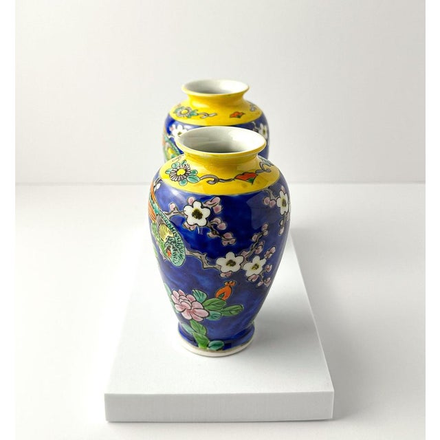 Japanese Chinoiserie Style Blue and Yellow Porcelain Bud Vases, 1960s, Set of 2 For Sale - Image 3 of 8