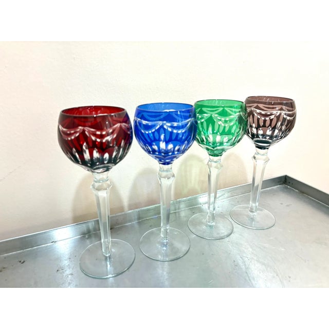 1920s-30s bohemian colored cut glass wine goblets; set of 4. Excellent condition.
