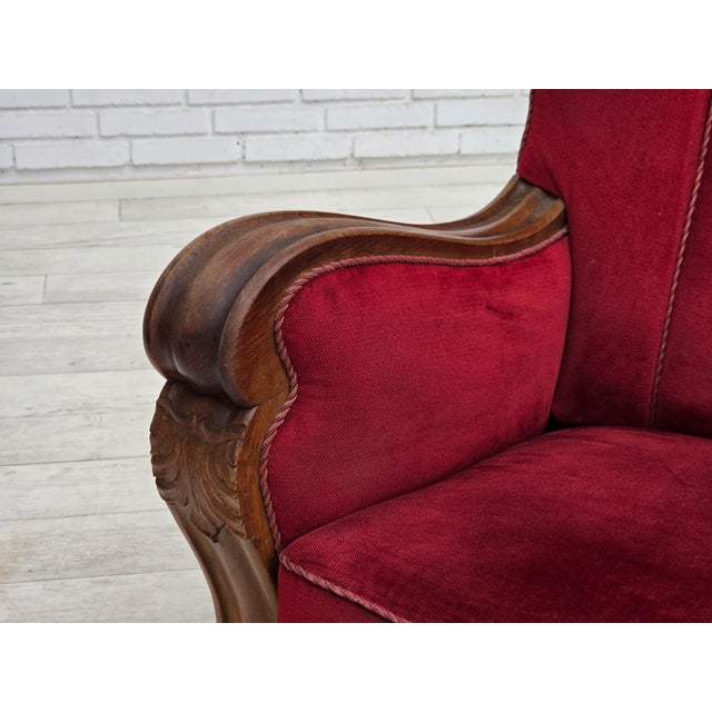 Danish Relax Armchair in Furniture Velour and Carved Oak Wood, 1950s For Sale - Image 18 of 18