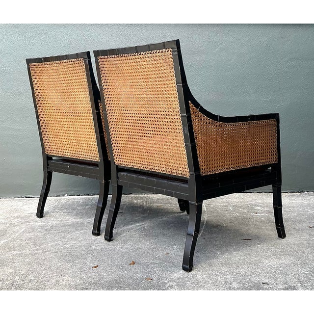 Chinoiserie Vintage Carved Bamboo Cane Lounge Chairs - A Pair For Sale - Image 3 of 12