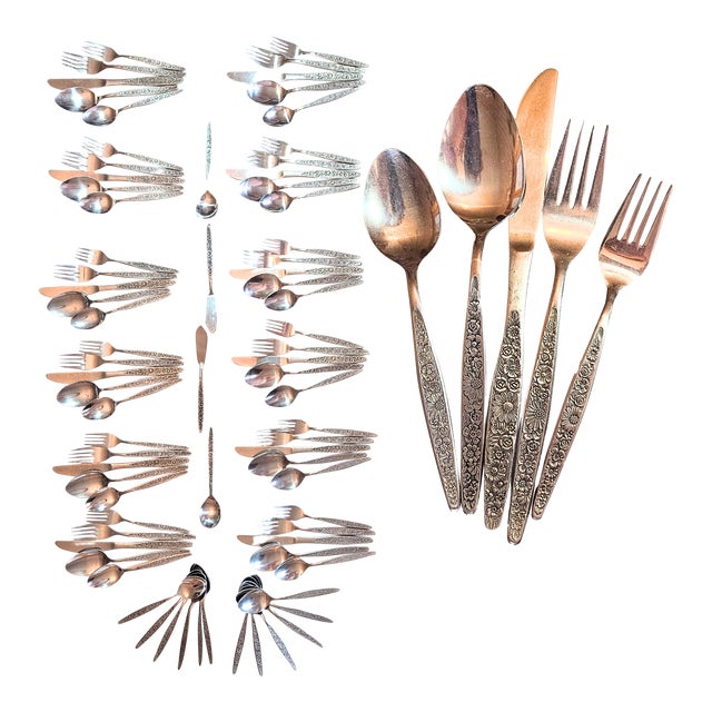 Complete 12 Settings Plus Stainless Repousse Flatware - Set of 76 For Sale