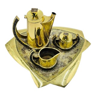1960s Mexican Modernism Coffee Set in Solid Brass & Glass by Salvador Teran, Signed - Set of 4 For Sale