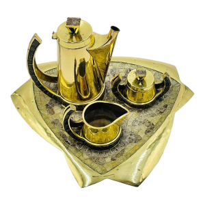 1960s Mexican Modernism Coffee Set in Solid Brass & Glass by Salvador Teran, Signed - Set of 4
