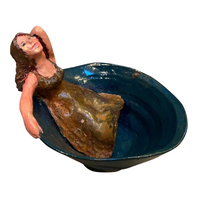 Blue Pottery Bowl With Reclining Girl in a Dress For Sale