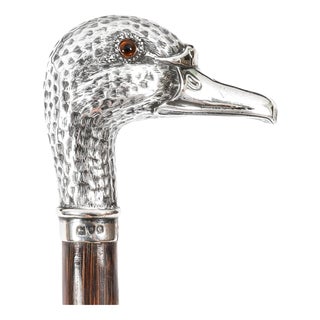 Antique Walking Stick Cane Silver Duck Head Handle, 1890s For Sale