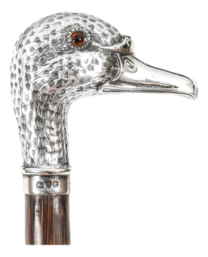 Antique Walking Stick Cane Silver Duck Head Handle, 1890s