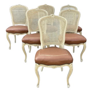 French Hollywood Regency-Style Caned & Leather Chairs For Sale