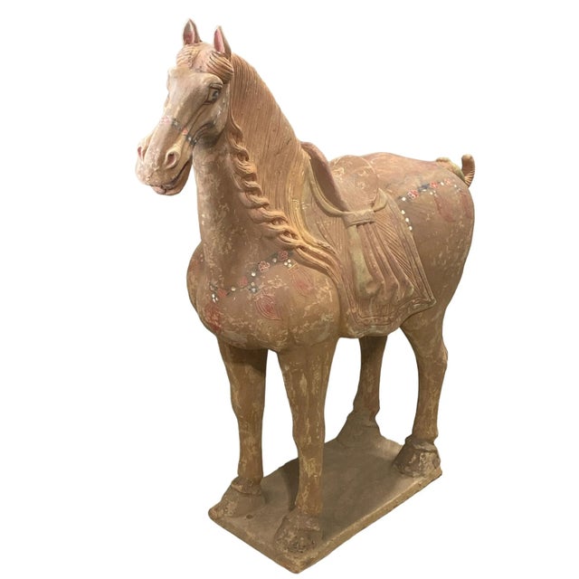 Superb Chinoiserie large polychromed ceramic Chinese horse in the Tang Dynasty style. The horse played an important role...
