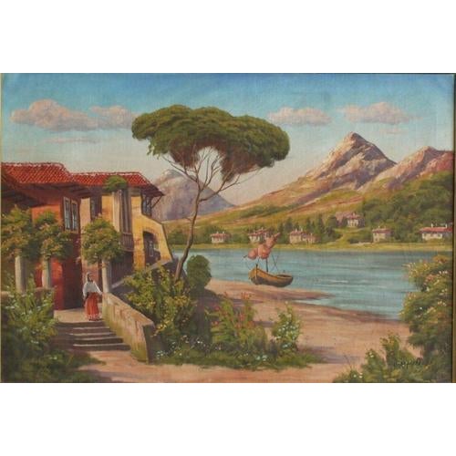 Object: Oil painting: "Southern landscape", signed: "Gabini" Period & Style: Turn of the century : Very well-preserved...