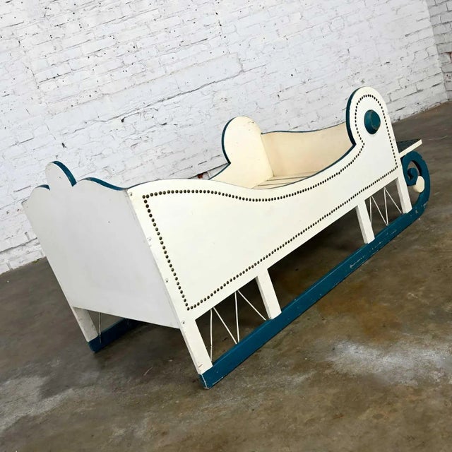 Rustic Vintage Sleigh-Style Child, Doll or Dog Bed White With Blue Trim & Nail Head Design For Sale - Image 3 of 13