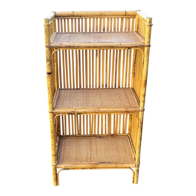 Mid-Century Bohemian Split Bamboo Rattan Wicker Low Bookcase Etagere For Sale