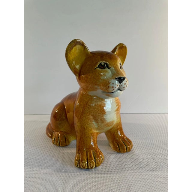 Vintage 1970s Italian Glazed Ceramic Lion Cub Figurine For Sale - Image 12 of 13