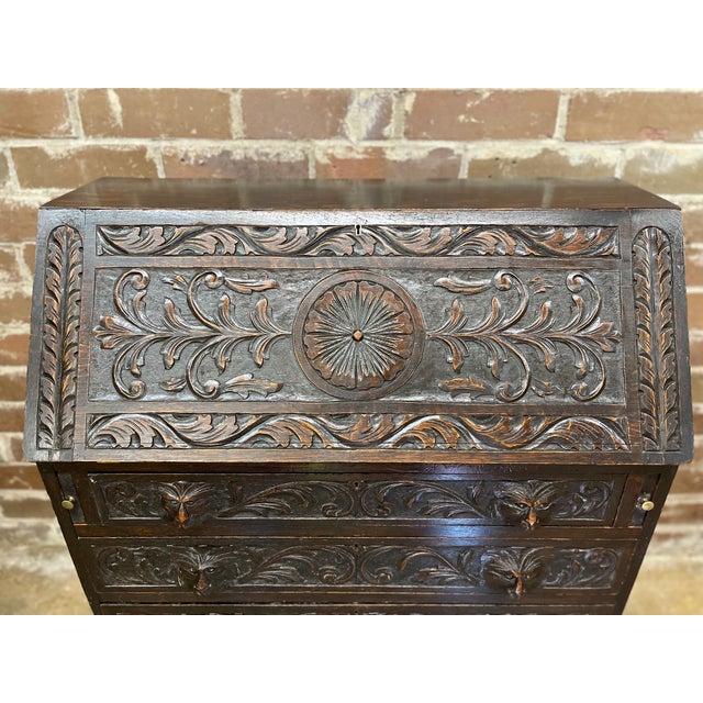 1920s 1920s English Oak Carved Slant-Front Desk For Sale - Image 5 of 6