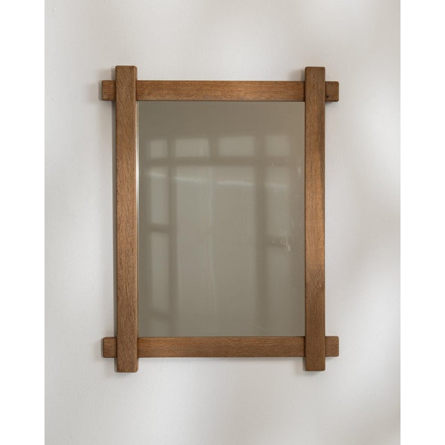 1970-1979 France Weathered Honey Oak Carved Oak Window-Pane Mirror For Sale - Image 4 of 7