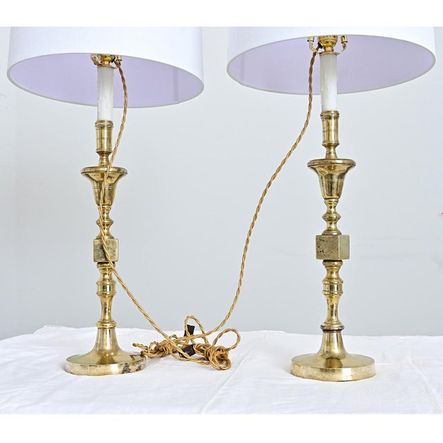 Metal Vintage French Brass Candlestick Lamps - a Pair For Sale - Image 7 of 12