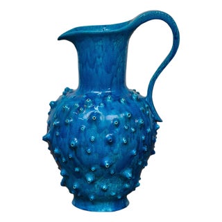 Midcentury Modern 1950s French Vallauris Blue Pottery Pitcher with Spiked Design For Sale