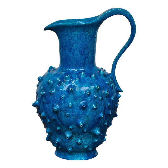 Midcentury Modern 1950s French Vallauris Blue Pottery Pitcher with Spiked Design For Sale