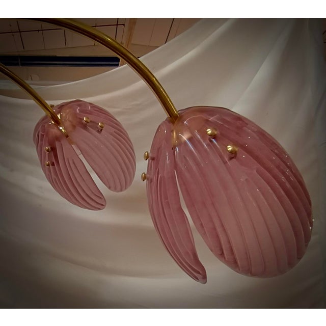 Mid-Century Murano Art Glass and Brass Pink Color Chandelier and Pendant For Sale - Image 4 of 9