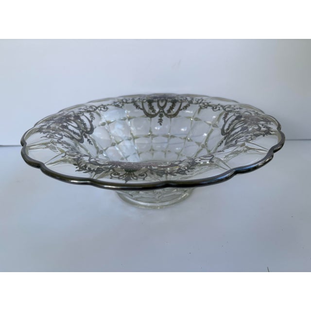 Hollywood Regency Mid-Century Silver Overlay Pressed Glass Centerpiece Bowl With Scalloped Rim For Sale - Image 3 of 11