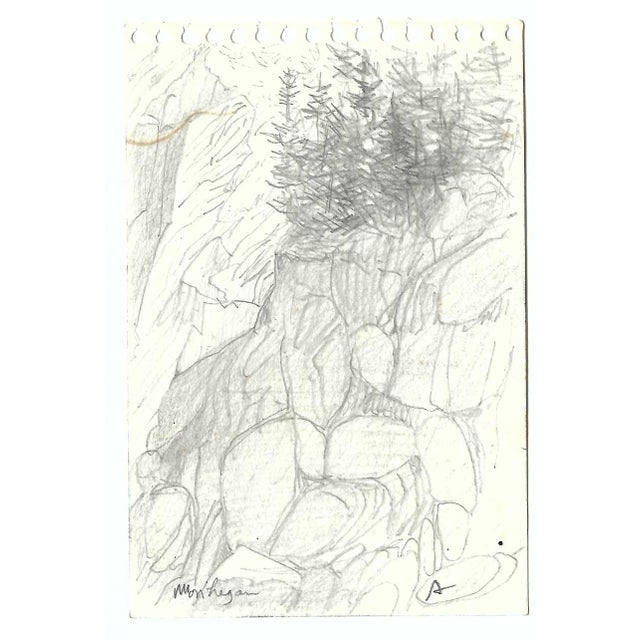 Drawing of a rocky cliff on Monhegan Island in Maine by Robert Henry Angeloch (1922-2011). Initialed lower right,...