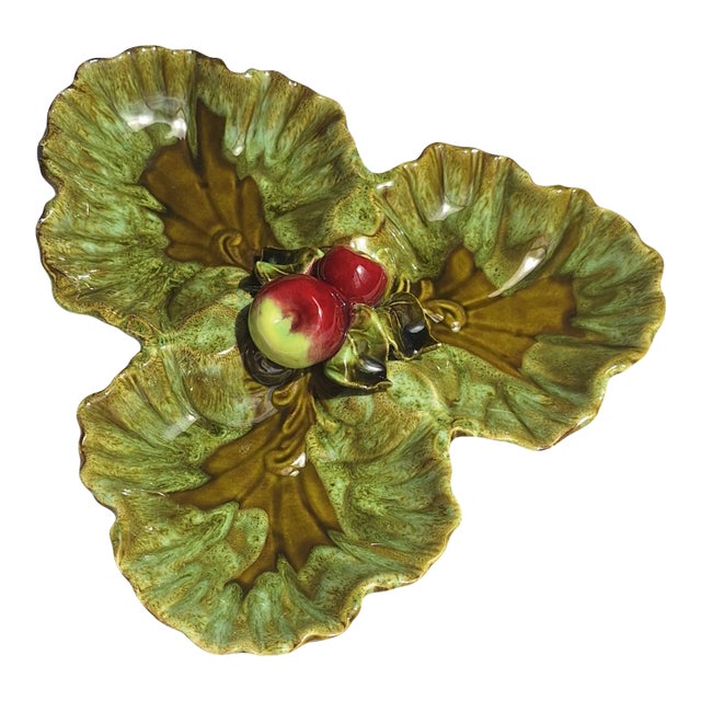 LastChance!1970's Majolica Style California Pottery Serving Plate in Moss Green For Sale