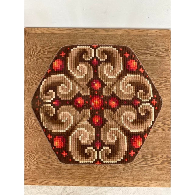 Vintage Mid-Century Walnut Footstool With Geometric Needlepoint Tapestry For Sale In Raleigh - Image 6 of 11