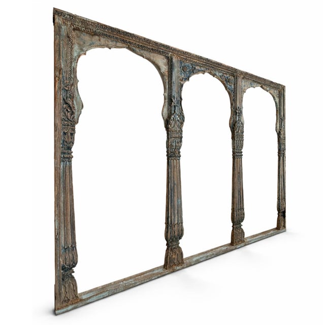 Beautiful large antique triple Moorish arch doorway from India. Intricate hand carved detail and aged blue paint finish....