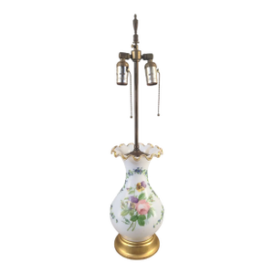 Vintage Hand Painted Romantic Roses Pansies Opaline Fenton Glass Ruffled Top Table Lamp