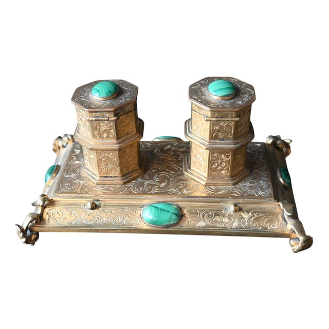 Antique Gilt Bronze and Malachite Inkwell, 19th Century For Sale